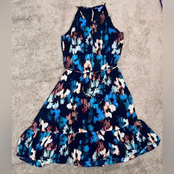 Vera Wang Blue and White Halter Pleated Midi Dress - Picture 5 of 7